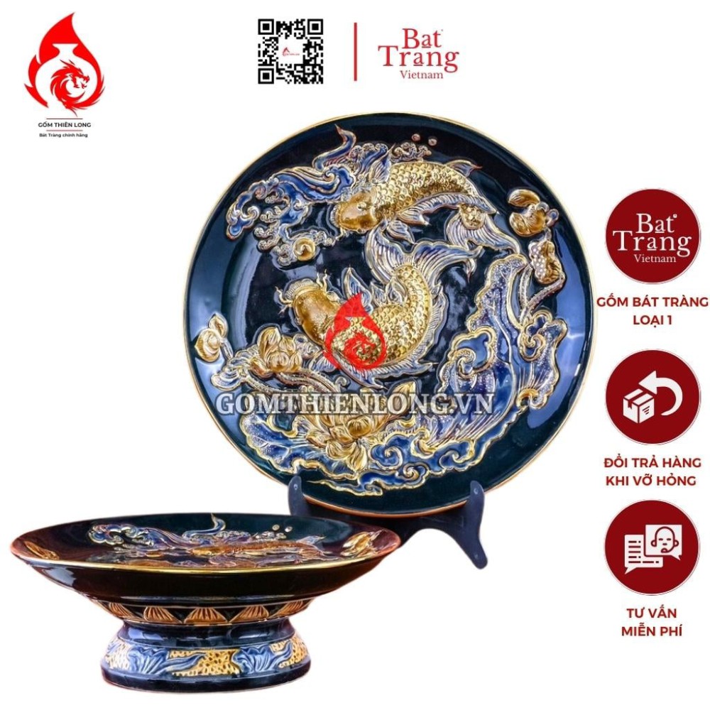 Mâm Bồng Sứ Bát Tràng Men Xanh Tím Đắp Nổi Vẽ Vàng Sen Cá 231125
