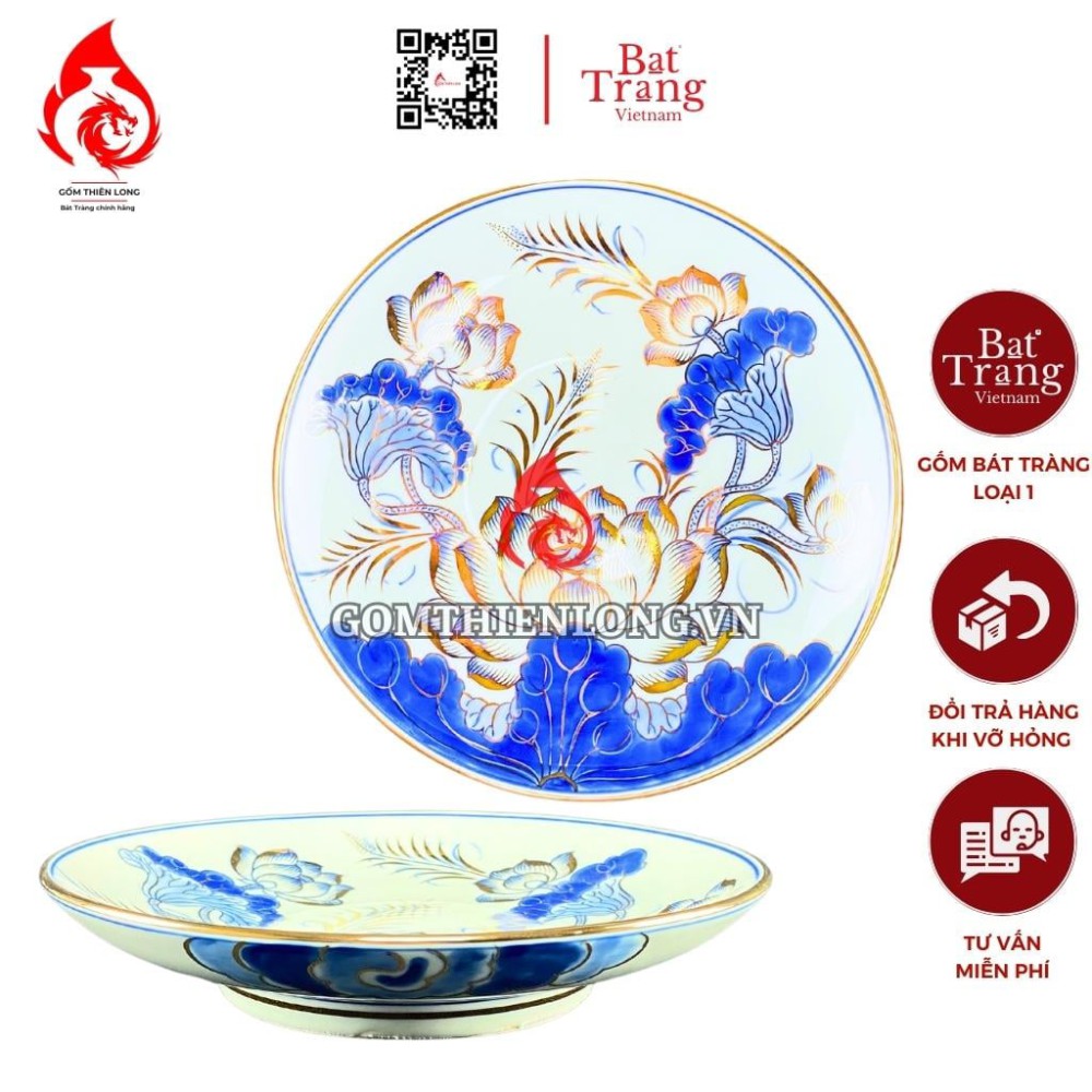Mâm Bồng Sứ Bát Tràng Men Xanh Lam Vẽ Vàng Hoa Sen 230878