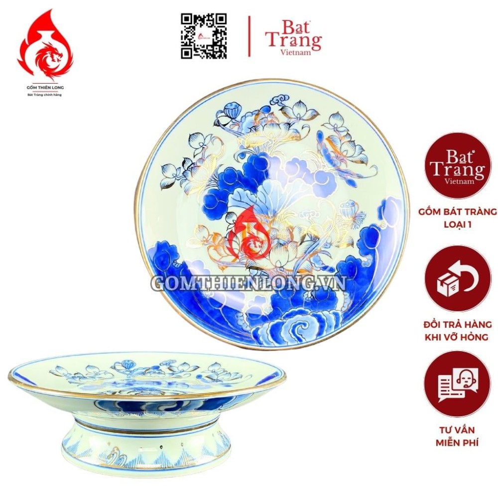 Mâm Bồng Sứ Bát Tràng Men Xanh Lam Vẽ Vàng Hoa Sen 230879