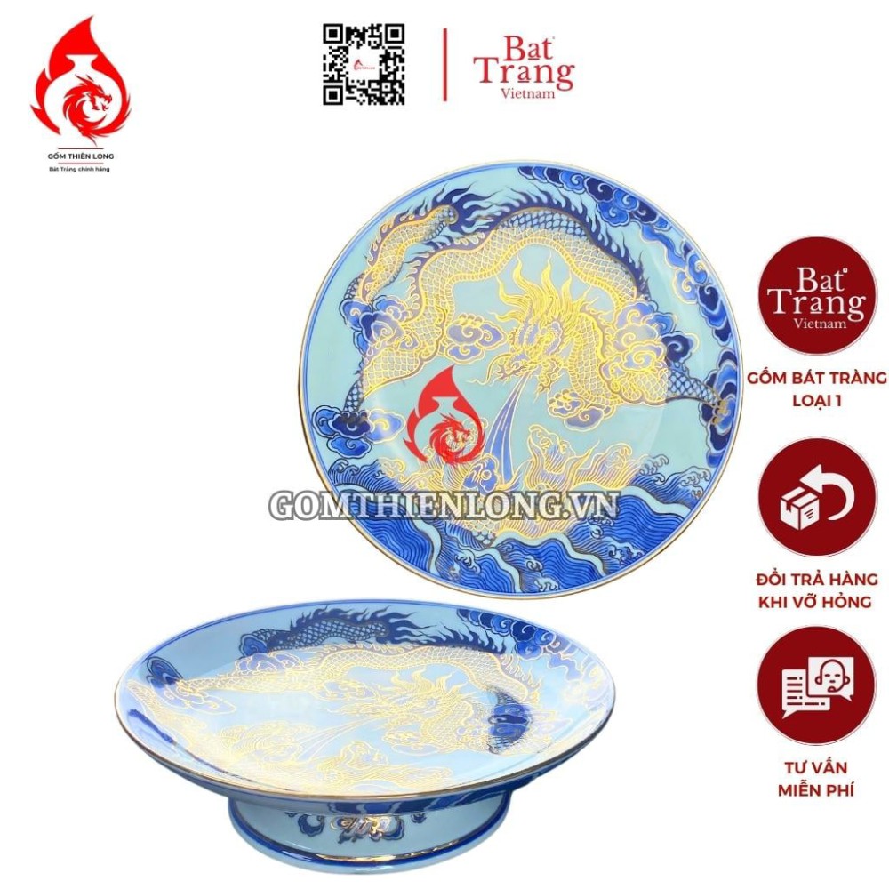 Mâm Bồng Sứ Bát Tràng Men Lam Vẽ Vàng Long Cuốn Thủy 230881