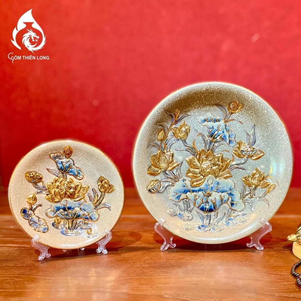 Mâm Bồng Sứ Men Rạn Đắp Nổi Vẽ Vàng Hoa Sen 231111