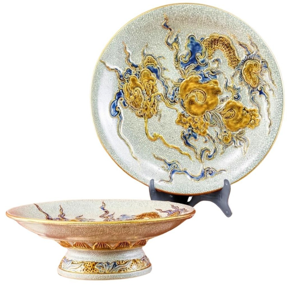 Mâm Bồng Sứ Bát Tràng Men Rạn Đắp Nổi Vẽ Vàng Long Ẩn 231119