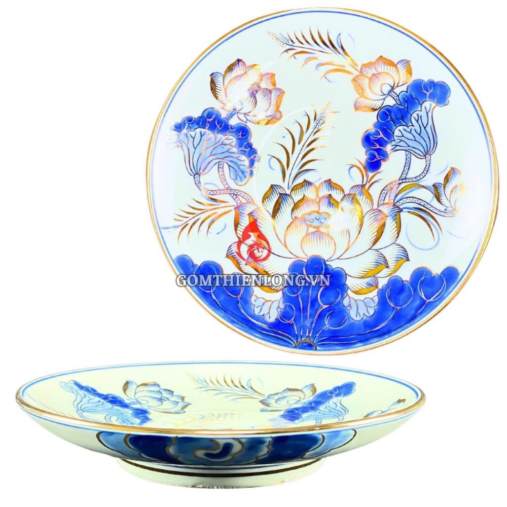 Mâm Bồng Sứ Bát Tràng Men Xanh Lam Vẽ Vàng Hoa Sen 230878