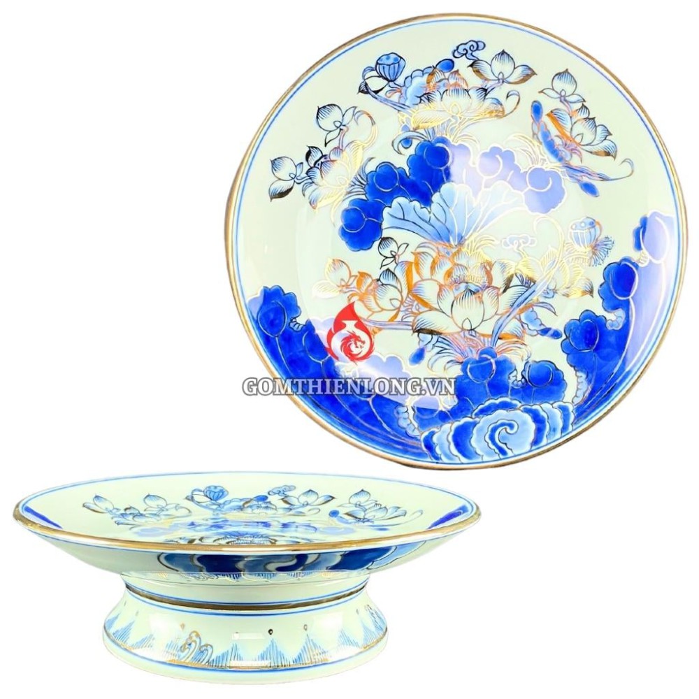 Mâm Bồng Sứ Bát Tràng Men Xanh Lam Vẽ Vàng Hoa Sen 230879