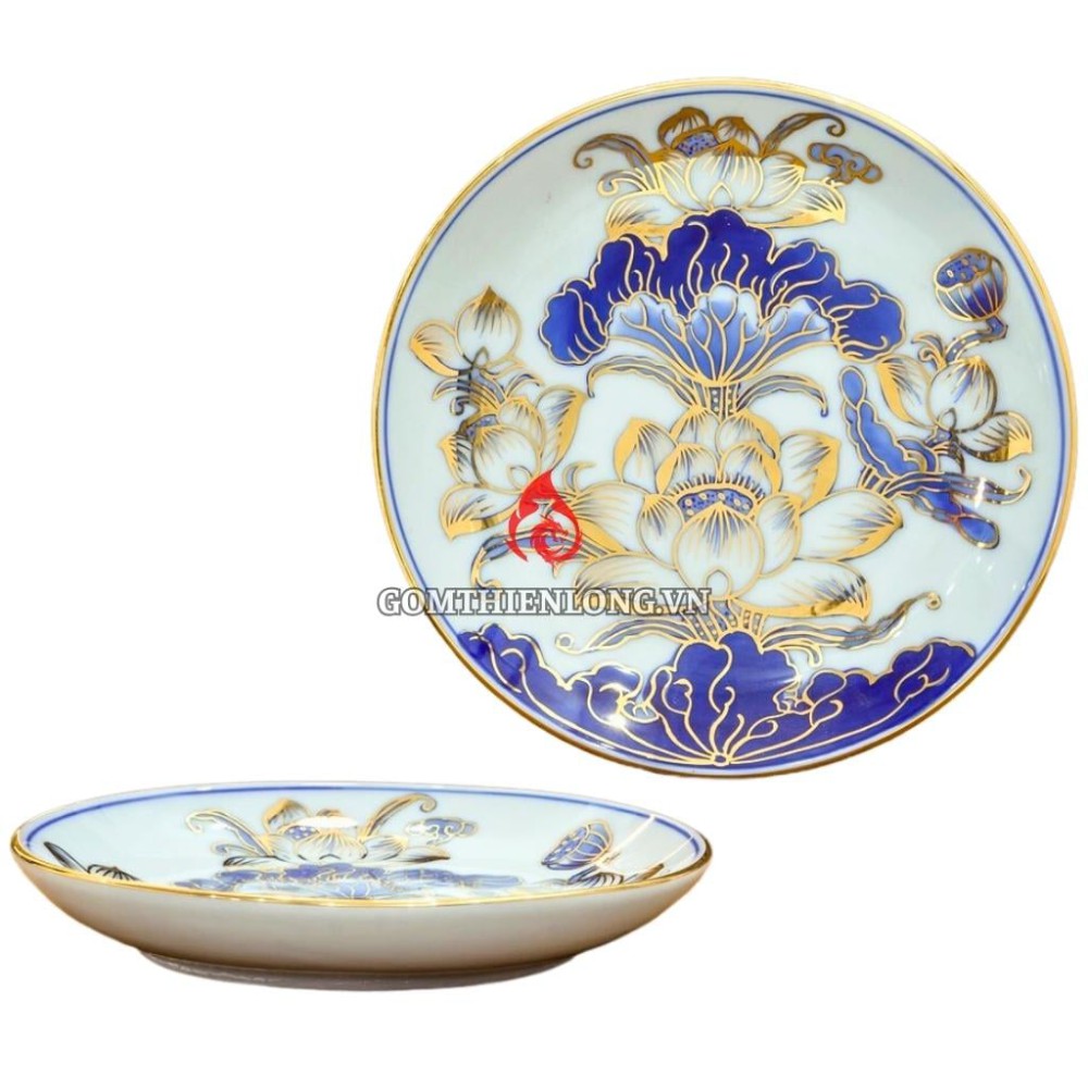 Mâm Bồng Sứ Bát Tràng Men Lam Vẽ Vàng Hoa Sen 231110