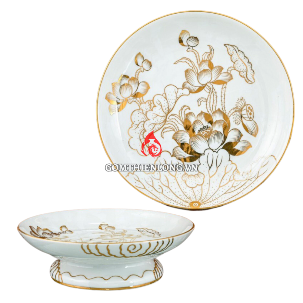 Mâm Bồng Sứ Bát Tràng Vẽ Vàng Hoàng Kim Hoa Sen 231036