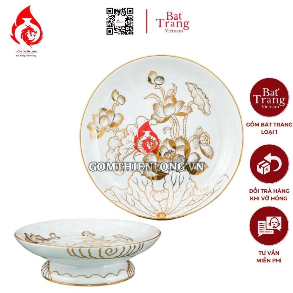 Mâm Bồng Sứ Bát Tràng Vẽ Vàng Hoàng Kim Hoa Sen 231036