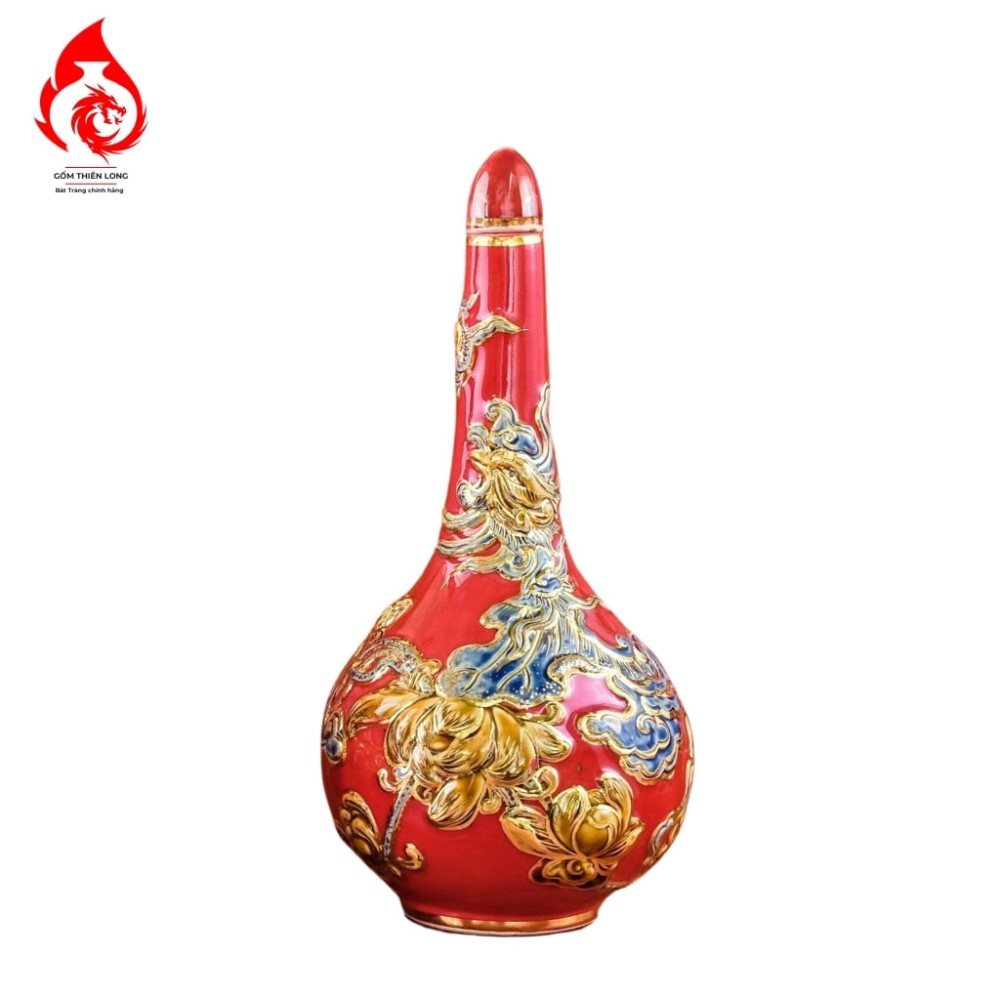 Nậm Rượu Thờ Bát Tràng Men Màu Đỏ Vẽ Vàng 240150