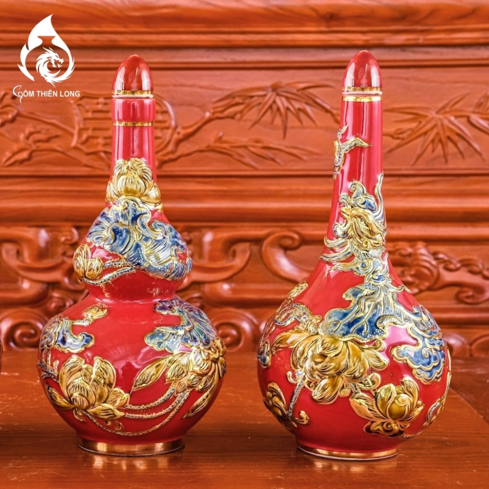 Nậm Rượu Thờ Bát Tràng Men Màu Đỏ Vẽ Vàng 240150