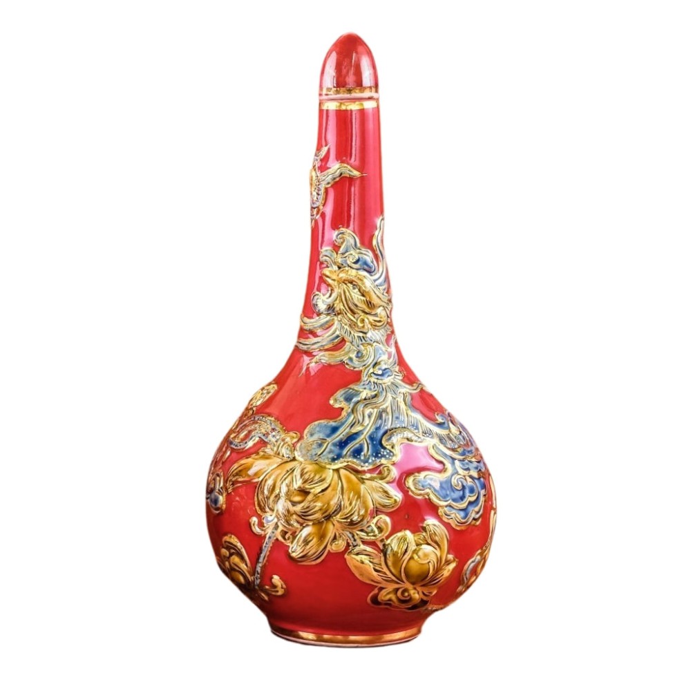 Nậm Rượu Thờ Bát Tràng Men Màu Đỏ Vẽ Vàng 240150