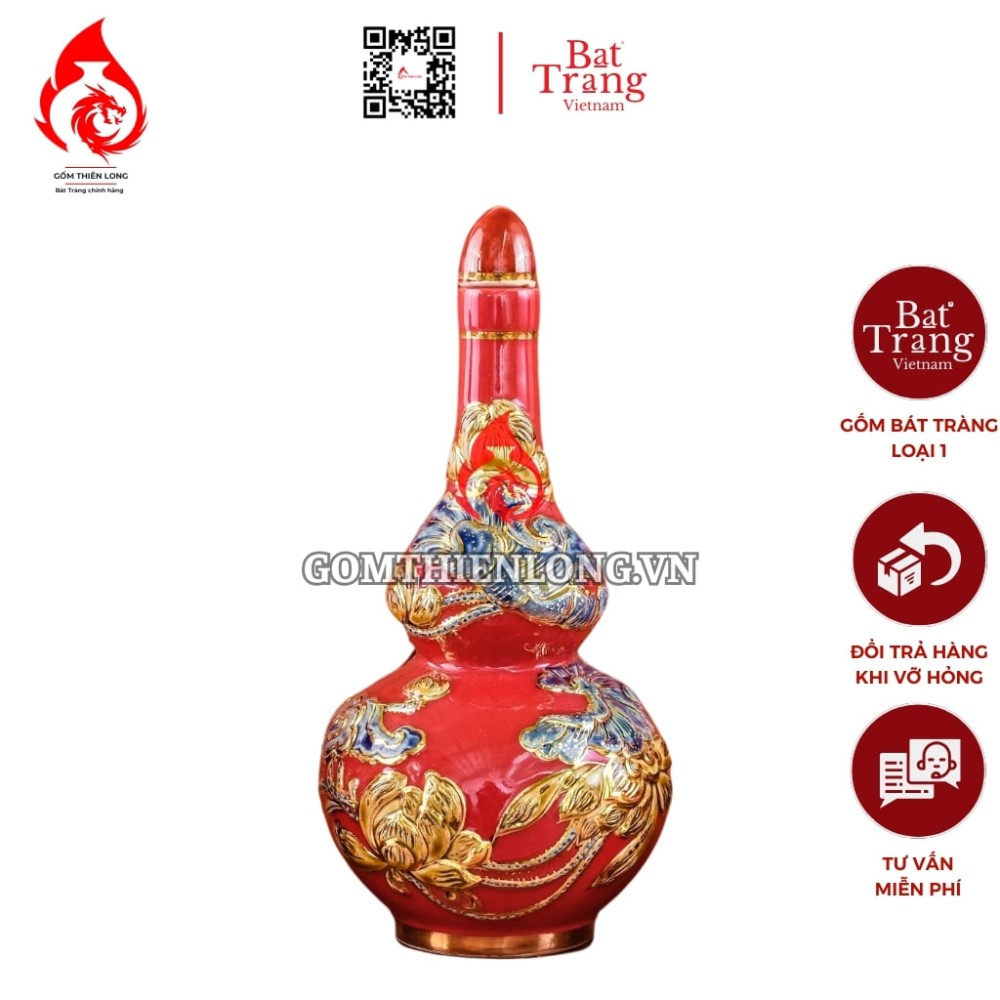 Nậm Rượu Thờ Bát Tràng Men Màu Đỏ Vẽ Vàng 240149