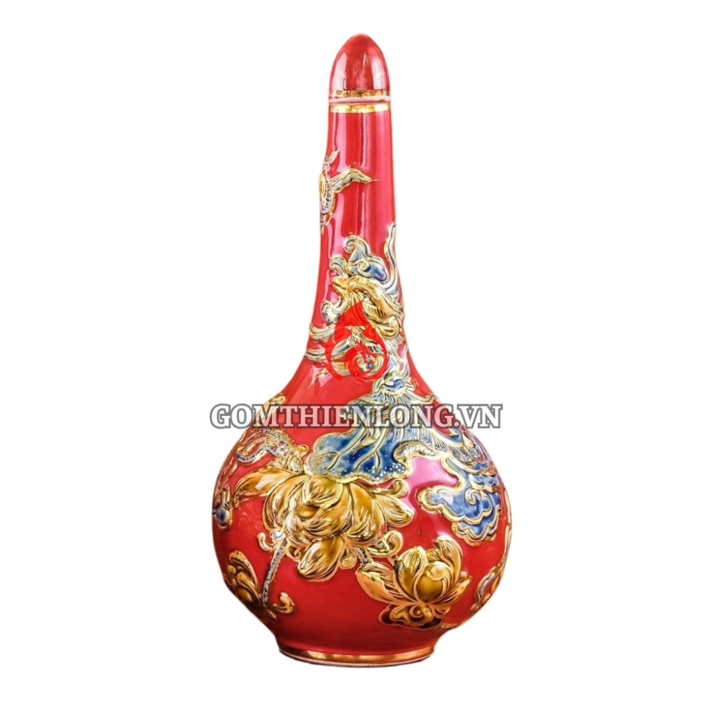 Nậm Rượu Thờ Bát Tràng Men Màu Đỏ Vẽ Vàng 240150