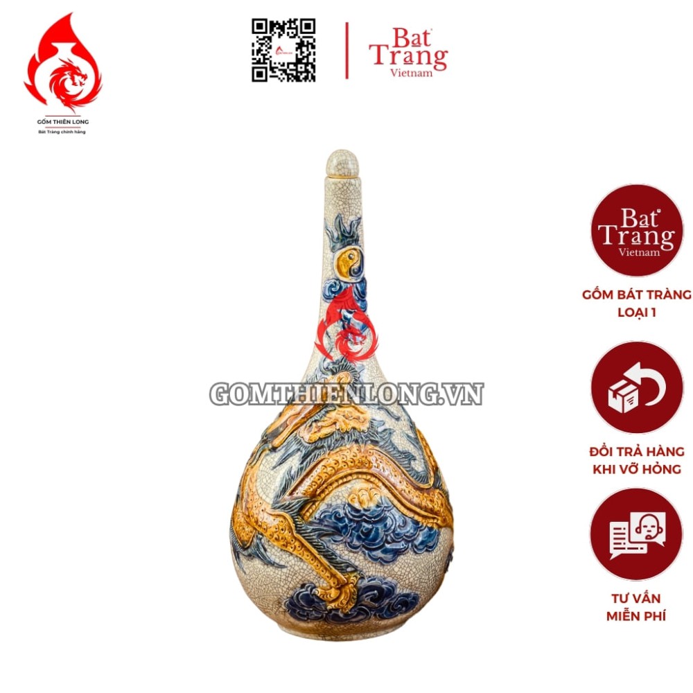 Nậm Rượu Thờ Bát Tràng Men Rạn Đắp Nổi Rồng 240131