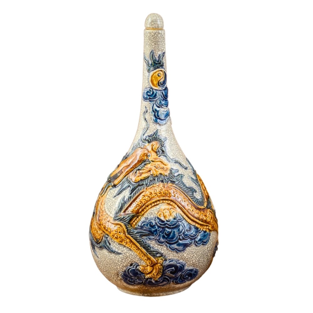 Nậm Rượu Thờ Bát Tràng Men Rạn Đắp Nổi Rồng 240131