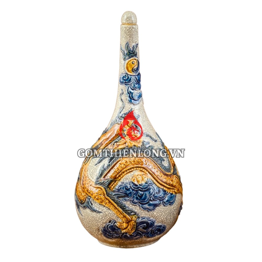 Nậm Rượu Thờ Bát Tràng Men Rạn Đắp Nổi Rồng 240131