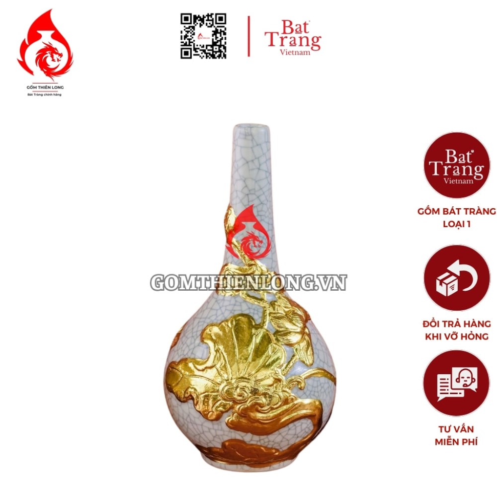 Nậm Rượu Thờ Bát Tràng Men Rạn Dát Vàng Hoa Sen 240146