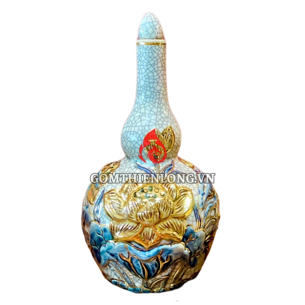 Nậm Rượu Thờ Bát Tràng Men Rạn Vẽ Vàng Hoa Sen 240134