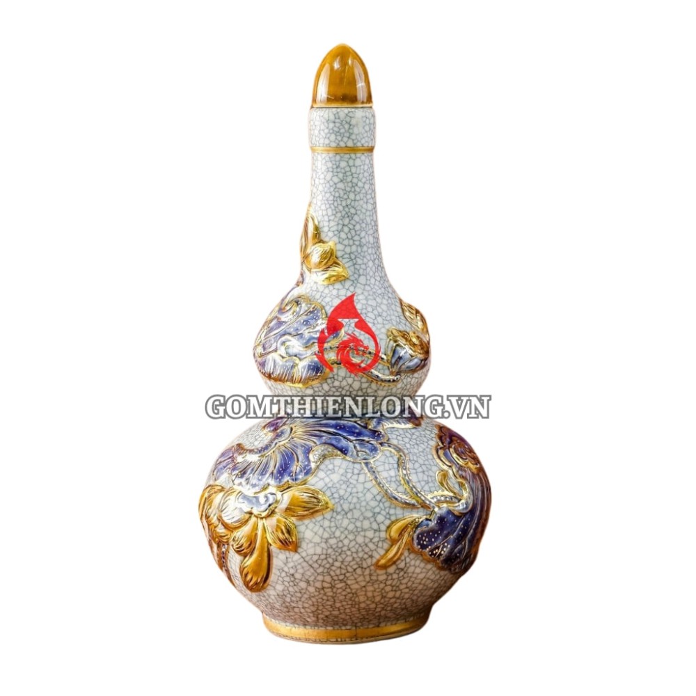 Nậm Rượu Thờ Bát Tràng Men Rạn Vẽ Vàng Hoa Sen 240145