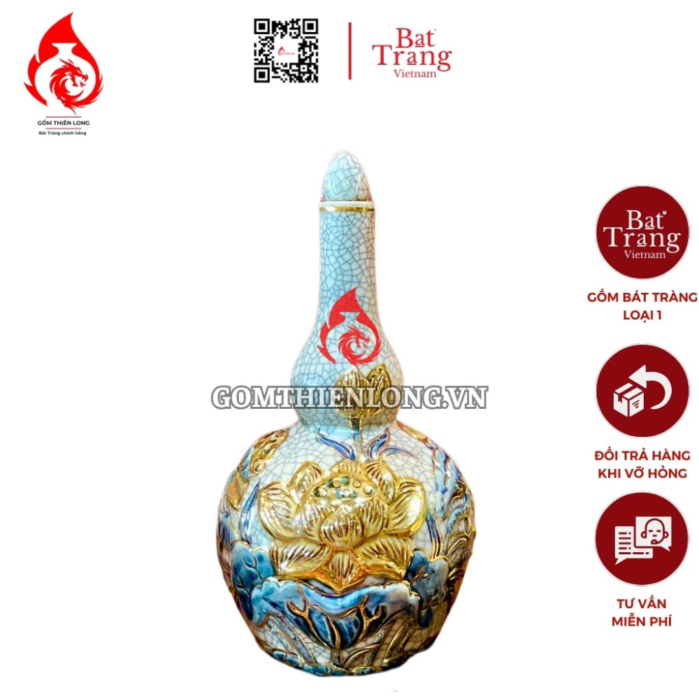 Nậm Rượu Thờ Bát Tràng Men Rạn Vẽ Vàng Hoa Sen 240134