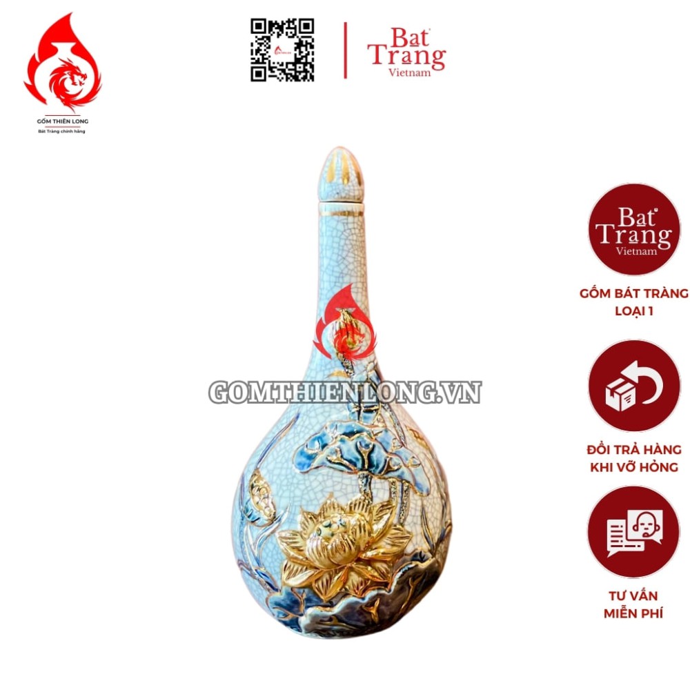 Nậm Rượu Thờ Bát Tràng Men Rạn Vẽ Vàng Hoa Sen 240133