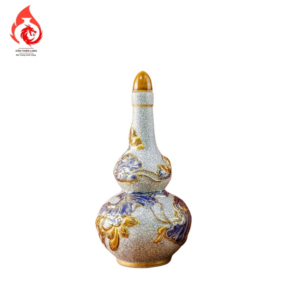 Nậm Rượu Thờ Bát Tràng Men Rạn Vẽ Vàng Hoa Sen 240145