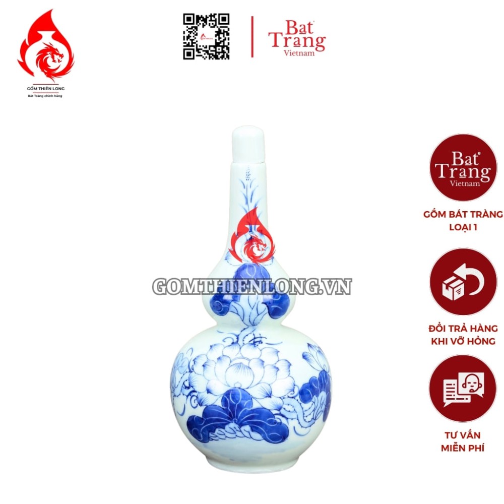 Nậm Rượu Thờ Bát Tràng Men Xanh Lam Vẽ Hoa Sen 240123