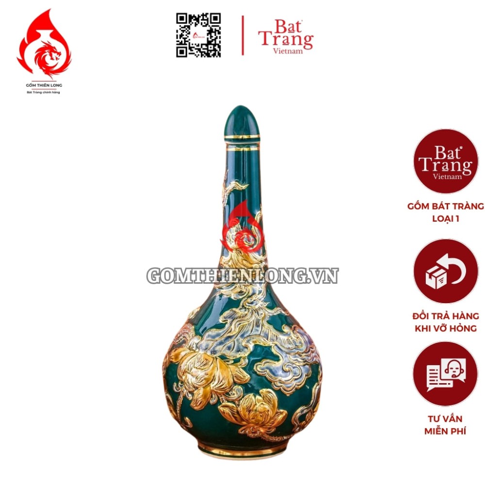 Nậm Rượu Thờ Bát Tràng Men Xanh Lục Bảo Vẽ Vàng 240151