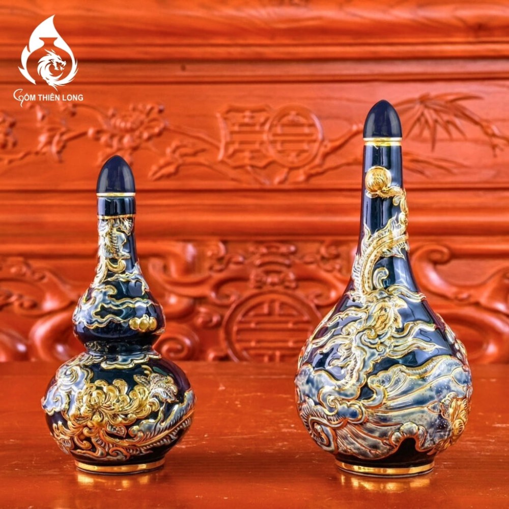 Nậm Rượu Thờ Bát Tràng Men Xanh Tím Coban Vẽ Vàng 240153