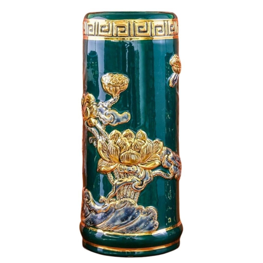 Ống Đựng Nhang Bằng Sứ Men Xanh Lục Bảo Vẽ Vàng Hoa Sen 231103