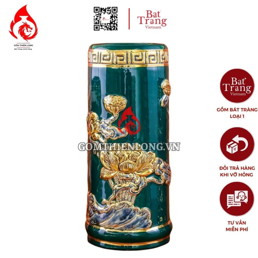 Ống Đựng Nhang Bằng Sứ Men Xanh Lục Bảo Vẽ Vàng Hoa Sen 231103
