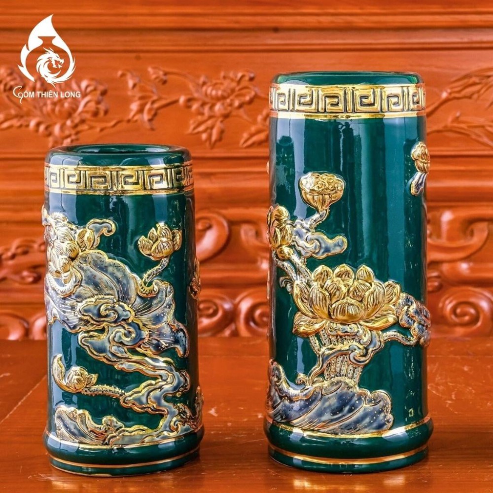 Ống Đựng Nhang Bằng Sứ Men Xanh Lục Bảo Vẽ Vàng Hoa Sen 231103