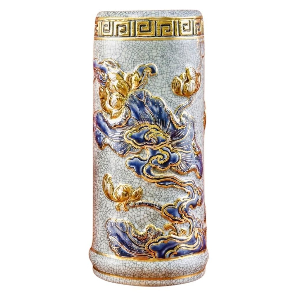 Ống Đựng Nhang Bằng Sứ Men Rạn Vẽ Vàng Hoa Sen 231099
