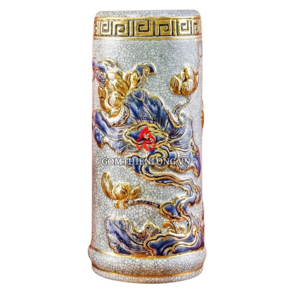 Ống Đựng Nhang Bằng Sứ Men Rạn Vẽ Vàng Hoa Sen 231099