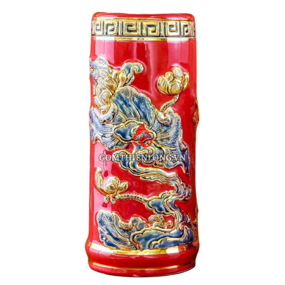 Ống Đựng Nhang Bằng Sứ Men Đỏ Vẽ Vàng Hoa Sen 231105