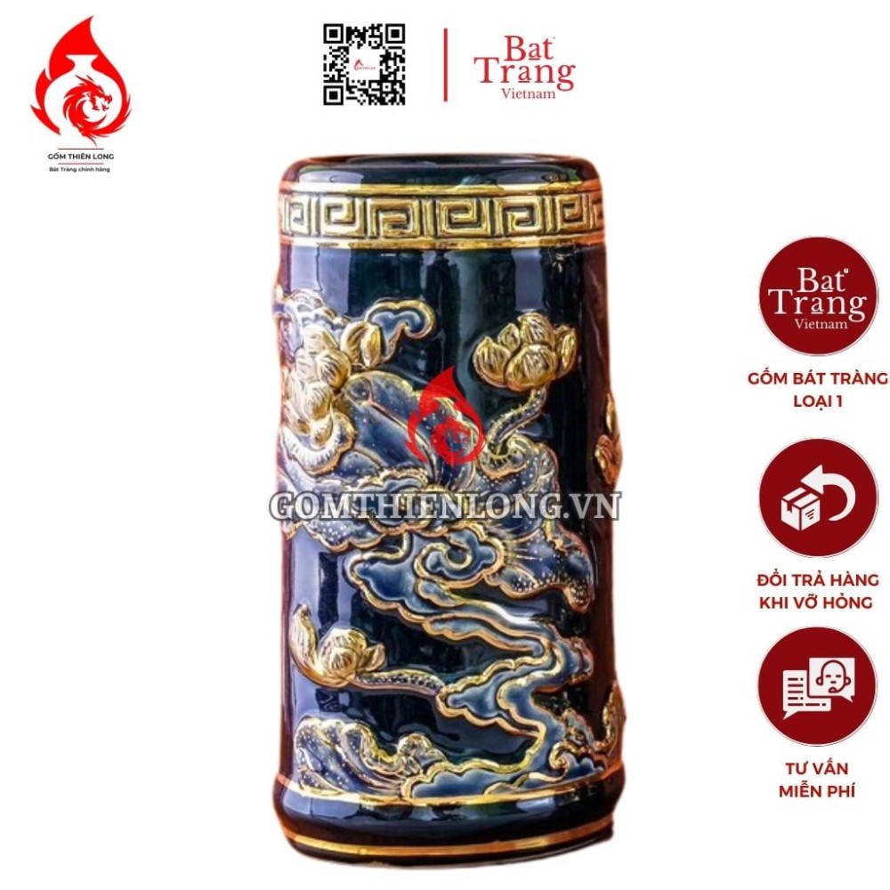 Ống Đựng Nhang Bằng Sứ Men Xanh Tím Vẽ Vàng Hoa Sen 231102