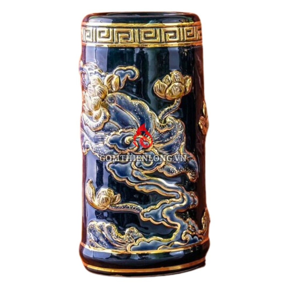 Ống Đựng Nhang Bằng Sứ Men Xanh Tím Vẽ Vàng Hoa Sen 231102