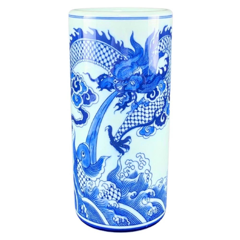 Ống Đựng Nhang Bằng Sứ Men Lam Ngọc Vẽ Long Cuốn Thủy 231091R
