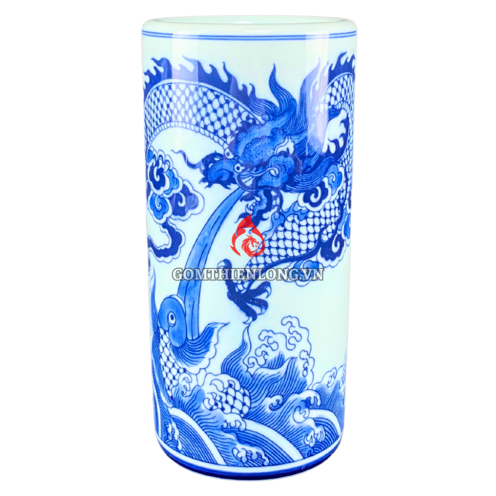 Ống Đựng Nhang Bằng Sứ Men Lam Ngọc Vẽ Long Cuốn Thủy 231091R