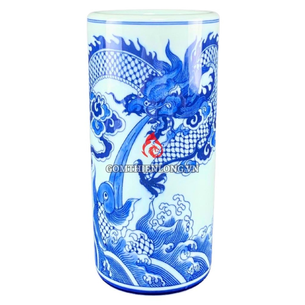 Ống Đựng Nhang Bằng Sứ Men Lam Ngọc Vẽ Long Cuốn Thủy 231091R