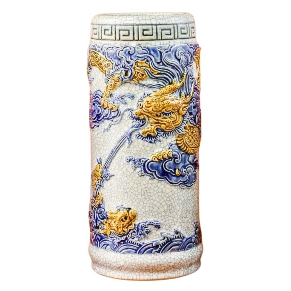 Ống Đựng Nhang Bằng Sứ Men Rạn Đắp Nổi Long Cuốn Thủy 231096