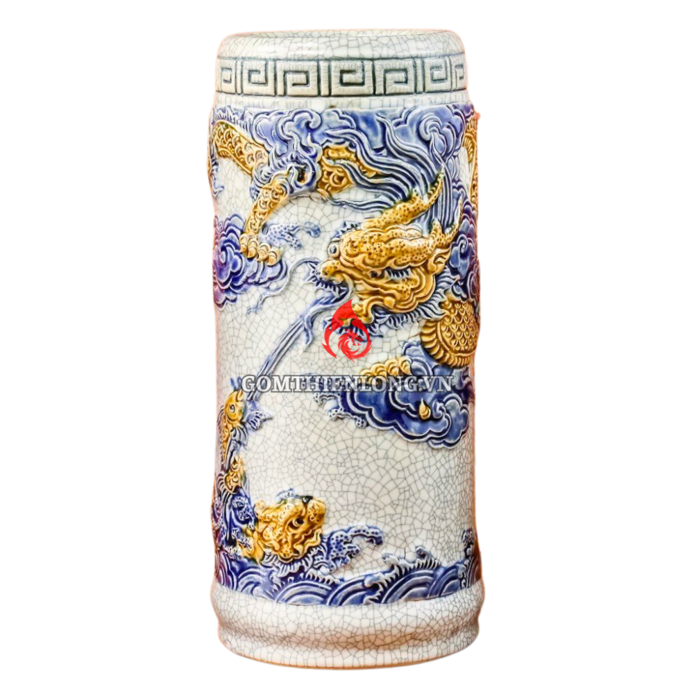 Ống Đựng Nhang Bằng Sứ Men Rạn Đắp Nổi Long Cuốn Thủy 231096