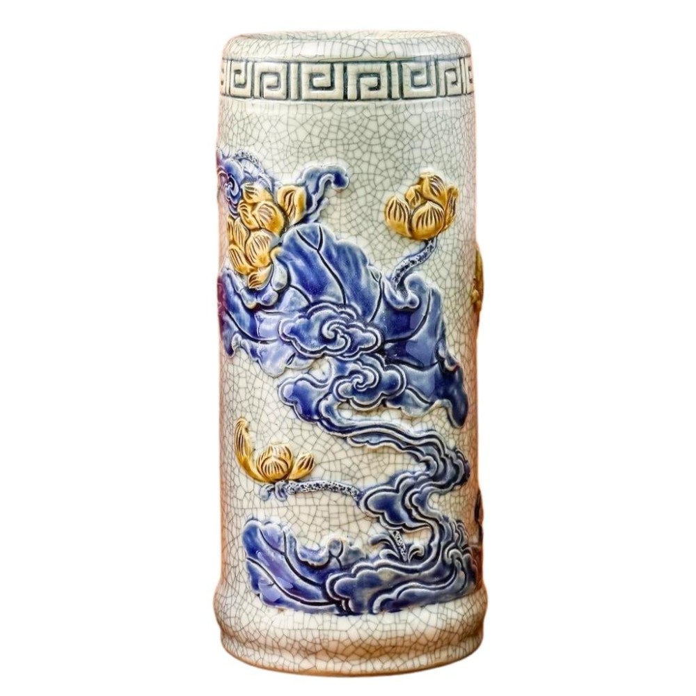 Ống Đựng Nhang Bằng Sứ Men Rạn Đắp Nổi Hoa Sen 231095