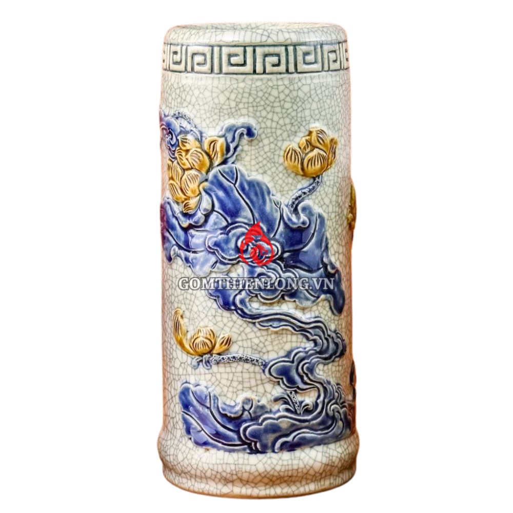 Ống Đựng Nhang Bằng Sứ Men Rạn Đắp Nổi Hoa Sen 231095