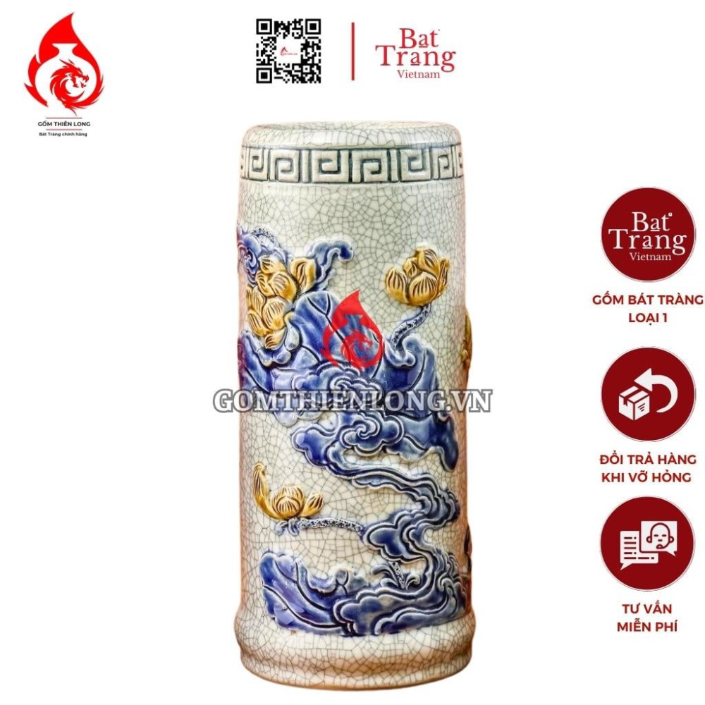 Ống Đựng Nhang Bằng Sứ Men Rạn Đắp Nổi Hoa Sen 231095