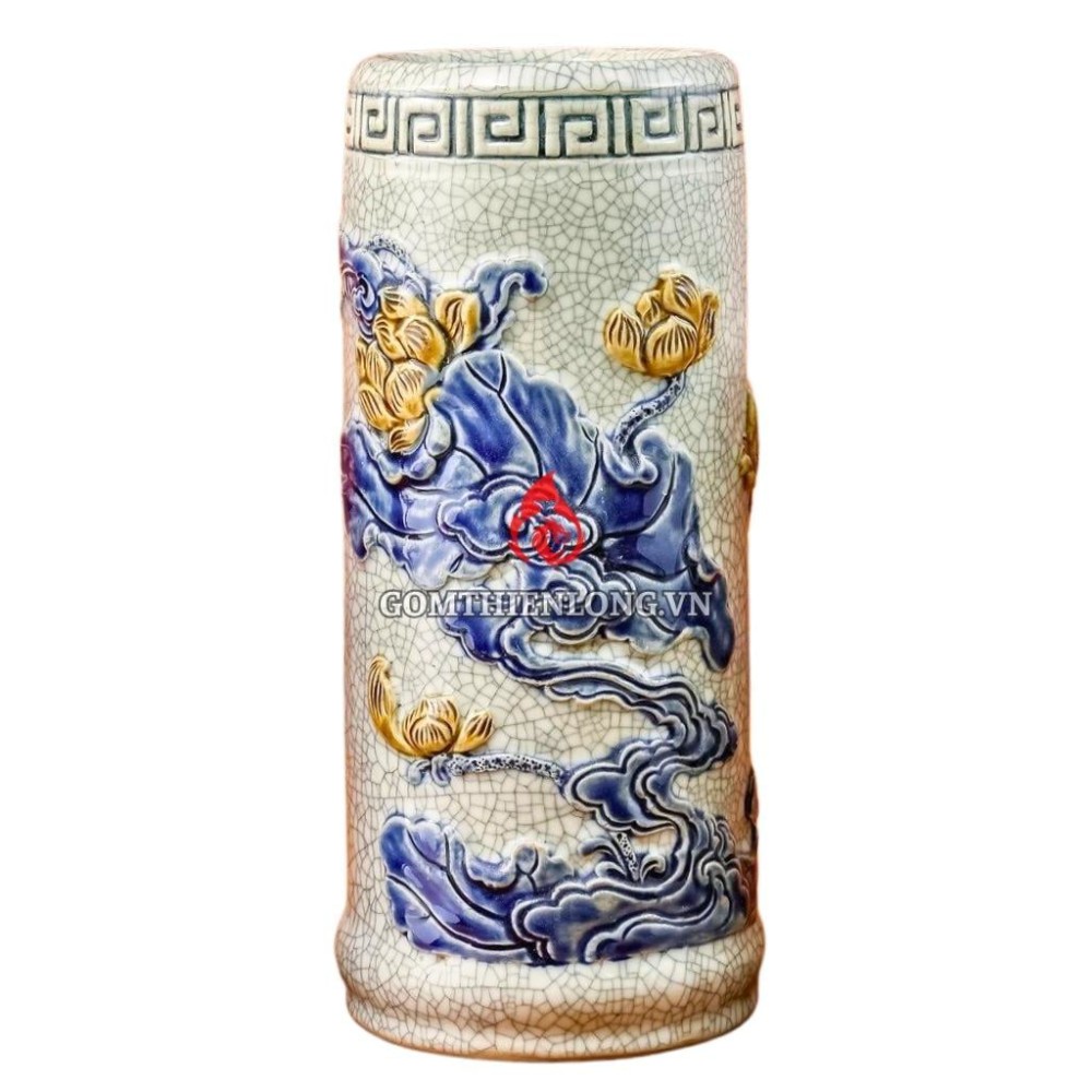 Ống Đựng Nhang Bằng Sứ Men Rạn Đắp Nổi Hoa Sen 231095