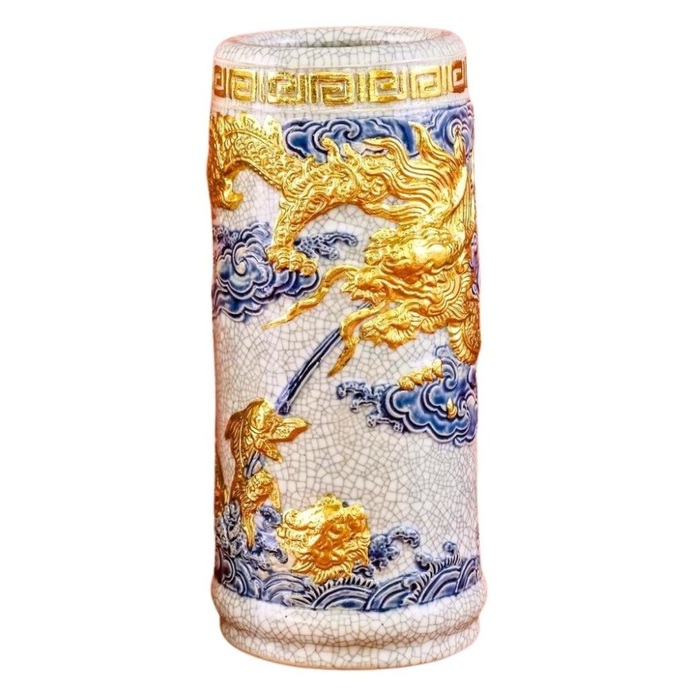 Ống Đựng Nhang Bằng Sứ Men Rạn Dát Vàng Long Cuốn Thủy 231097