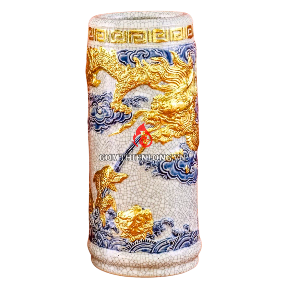 Ống Đựng Nhang Bằng Sứ Men Rạn Dát Vàng Long Cuốn Thủy 231097