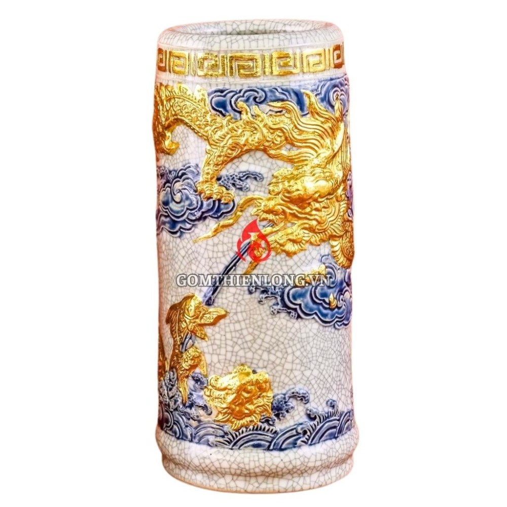 Ống Đựng Nhang Bằng Sứ Men Rạn Dát Vàng Long Cuốn Thủy 231097