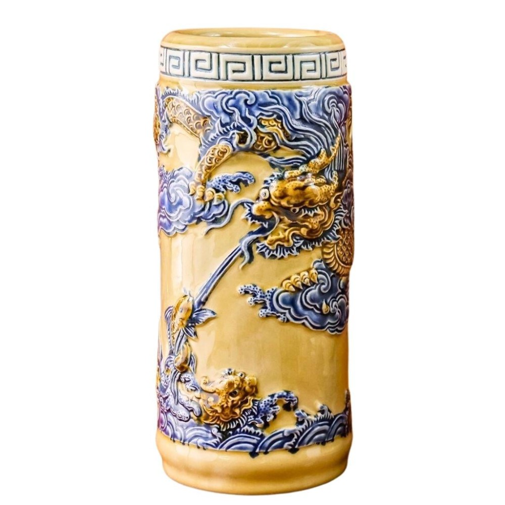 Ống Đựng Nhang Bằng Sứ Men Vàng Hoàng Tộc Đắp Nổi Long Cuốn Thủy 231093