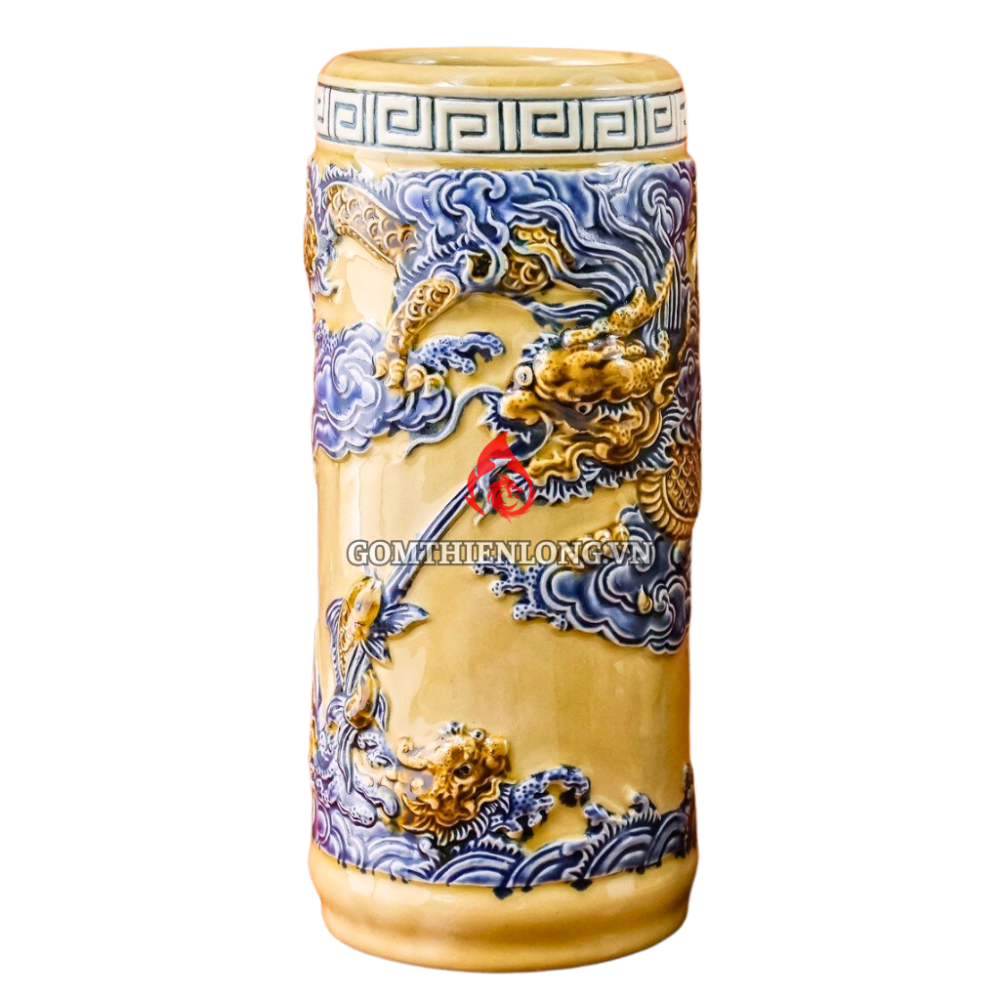 Ống Đựng Nhang Bằng Sứ Men Vàng Hoàng Tộc Đắp Nổi Long Cuốn Thủy 231093